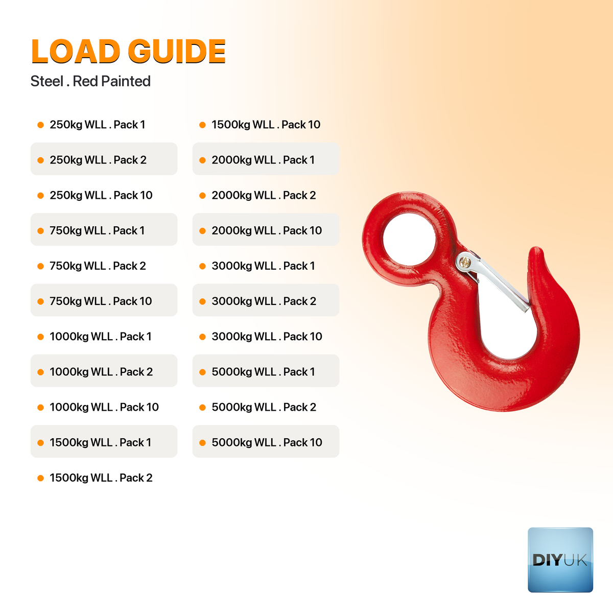 Heavy Duty Red Steel Eye Hook with Safety Catch - specification table