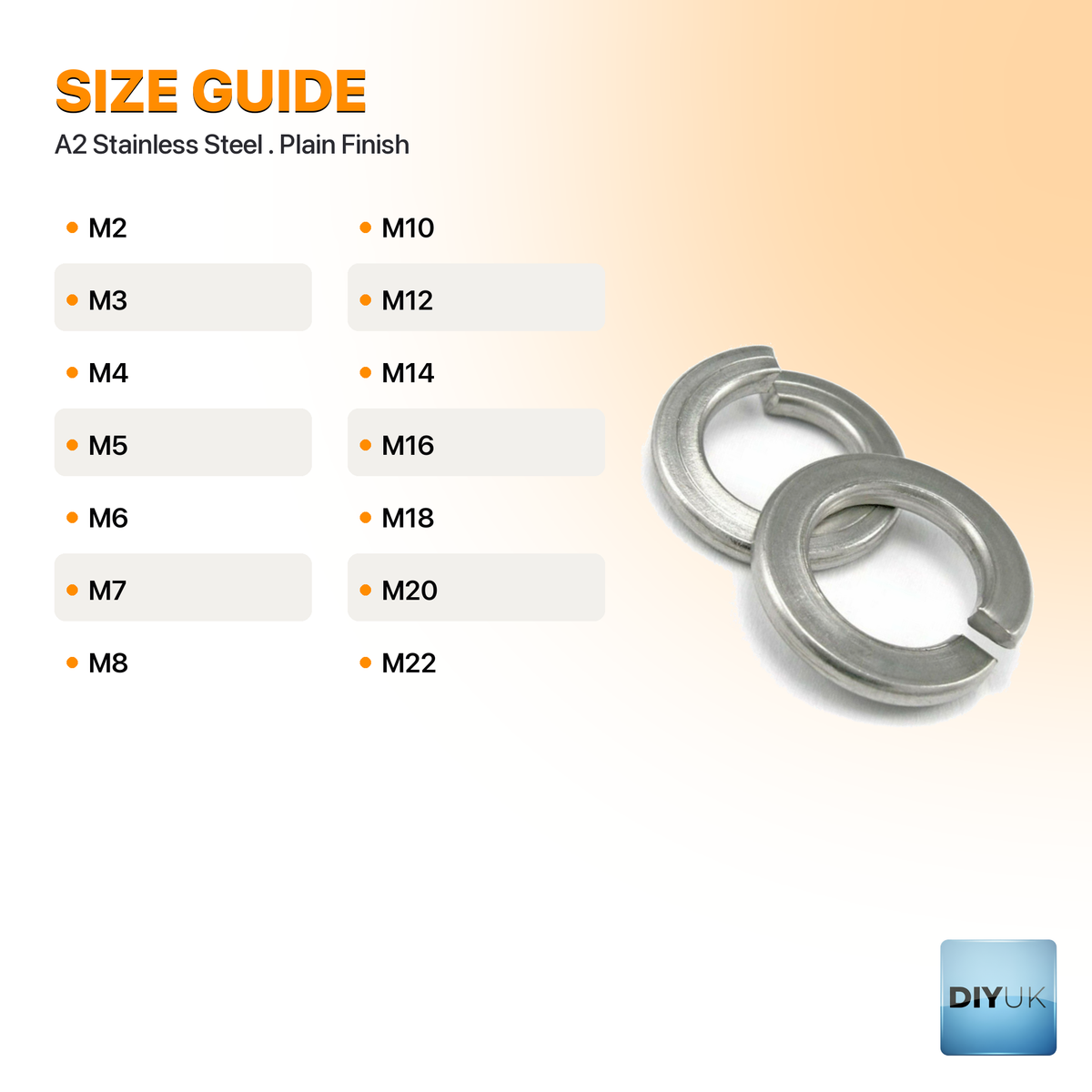 A2 Stainless Steel Split Lock Spring Washers - DIN 127B (M2-M22) - size guide / specification table