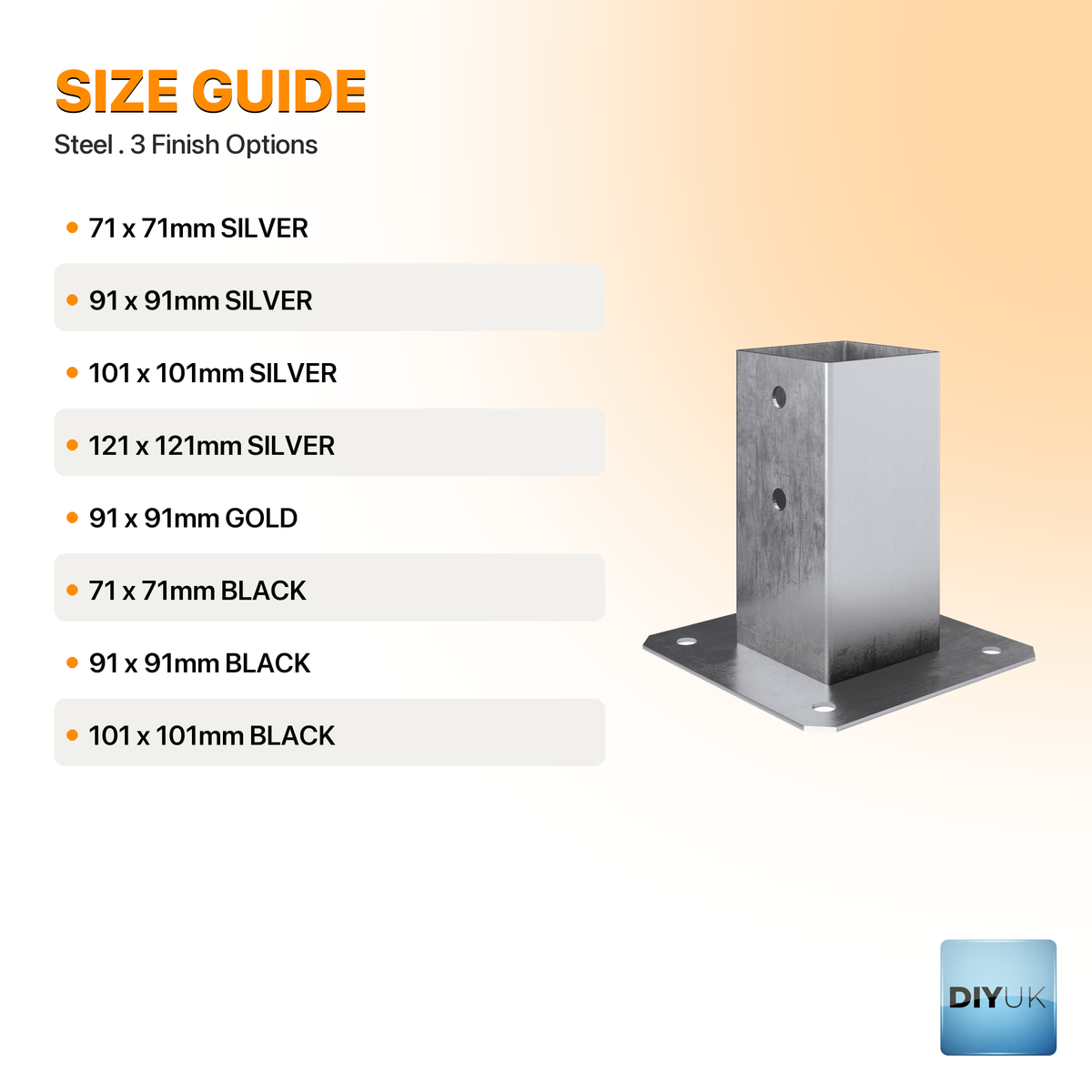 Heavy Duty Galvanised Bolt Down Square Fence Post Support Bracket - specification table