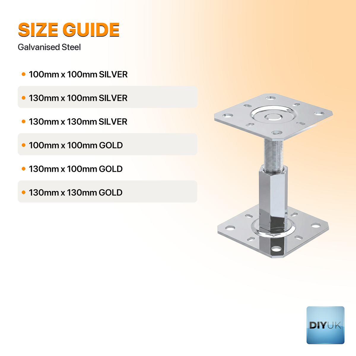 Heavy Duty Adjustable Fence Post Support Bracket (100-150mm) - Bolt Down Galvanised Base - specification table