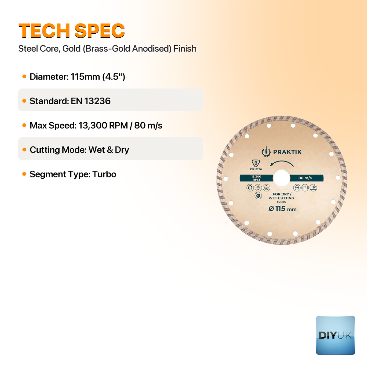 115mm Turbo Diamond Cutting Disc (4.5") - Heavy Duty 2.2mm Thick Blade - specification table