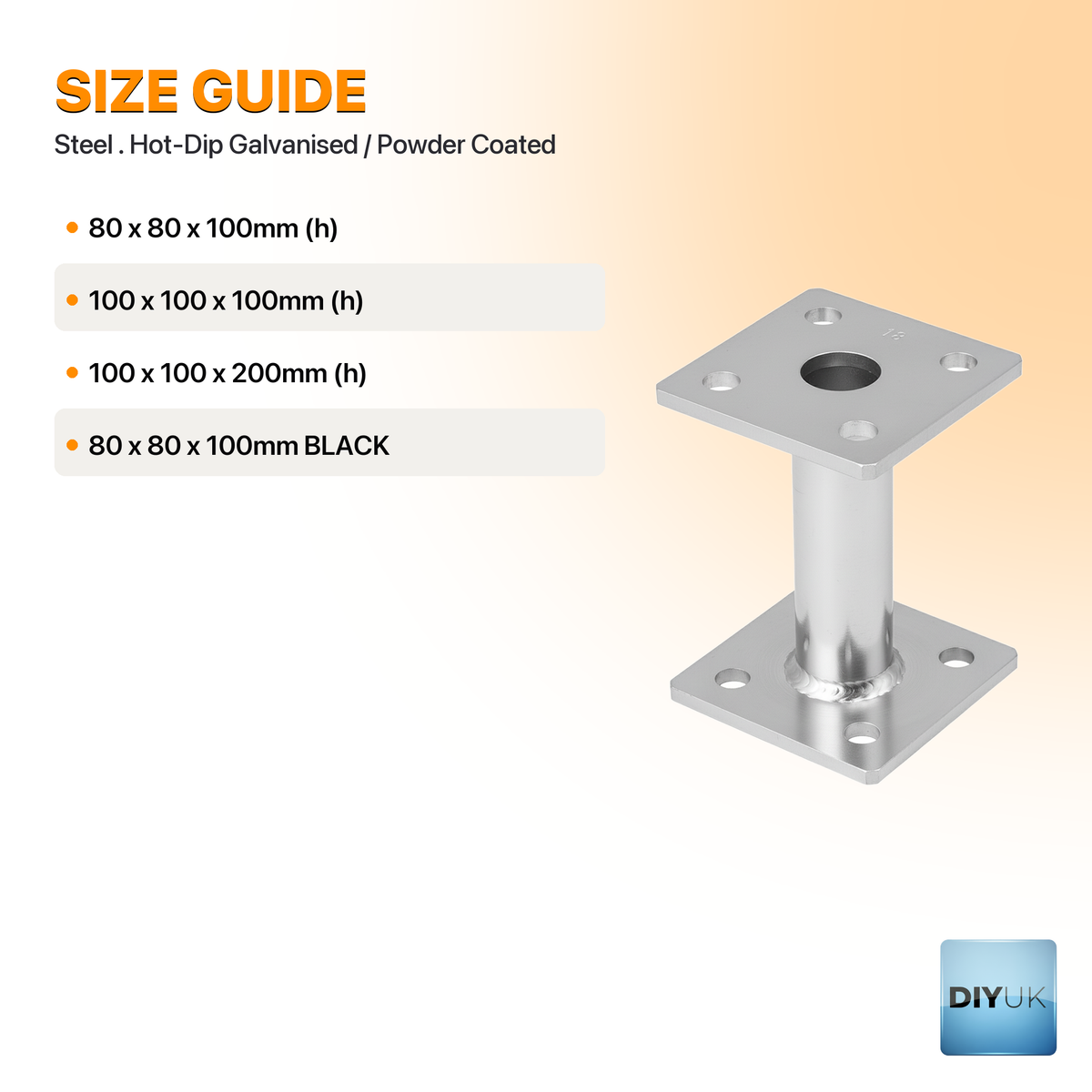 Heavy Duty 4mm Galvanised Elevated Bolt-Down Post Base Bracket - specification table
