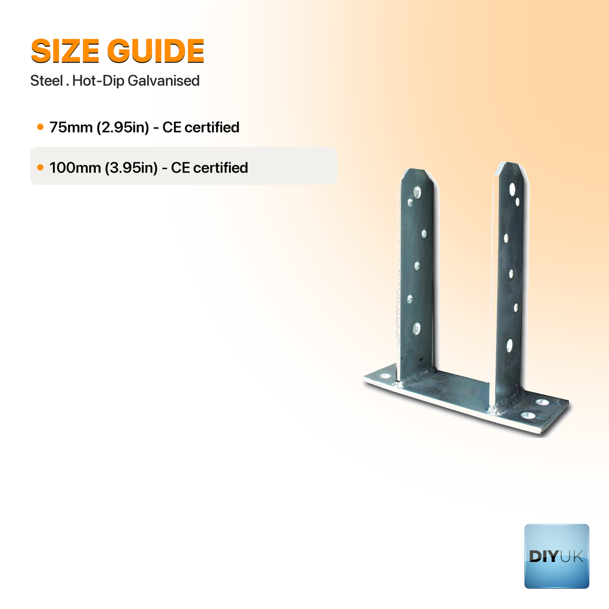 Heavy Duty Galvanised Bolt Down U Post Support Base Bracket - specification table