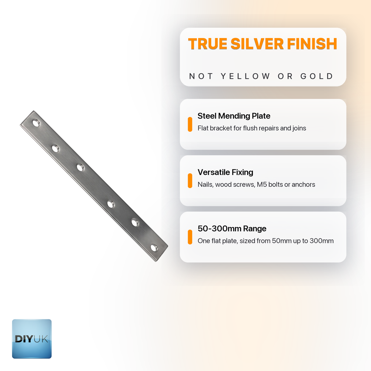 Galvanised Narrow Flat Bracket | Heavy Duty Mending Plate - DIYUK infographic, key features