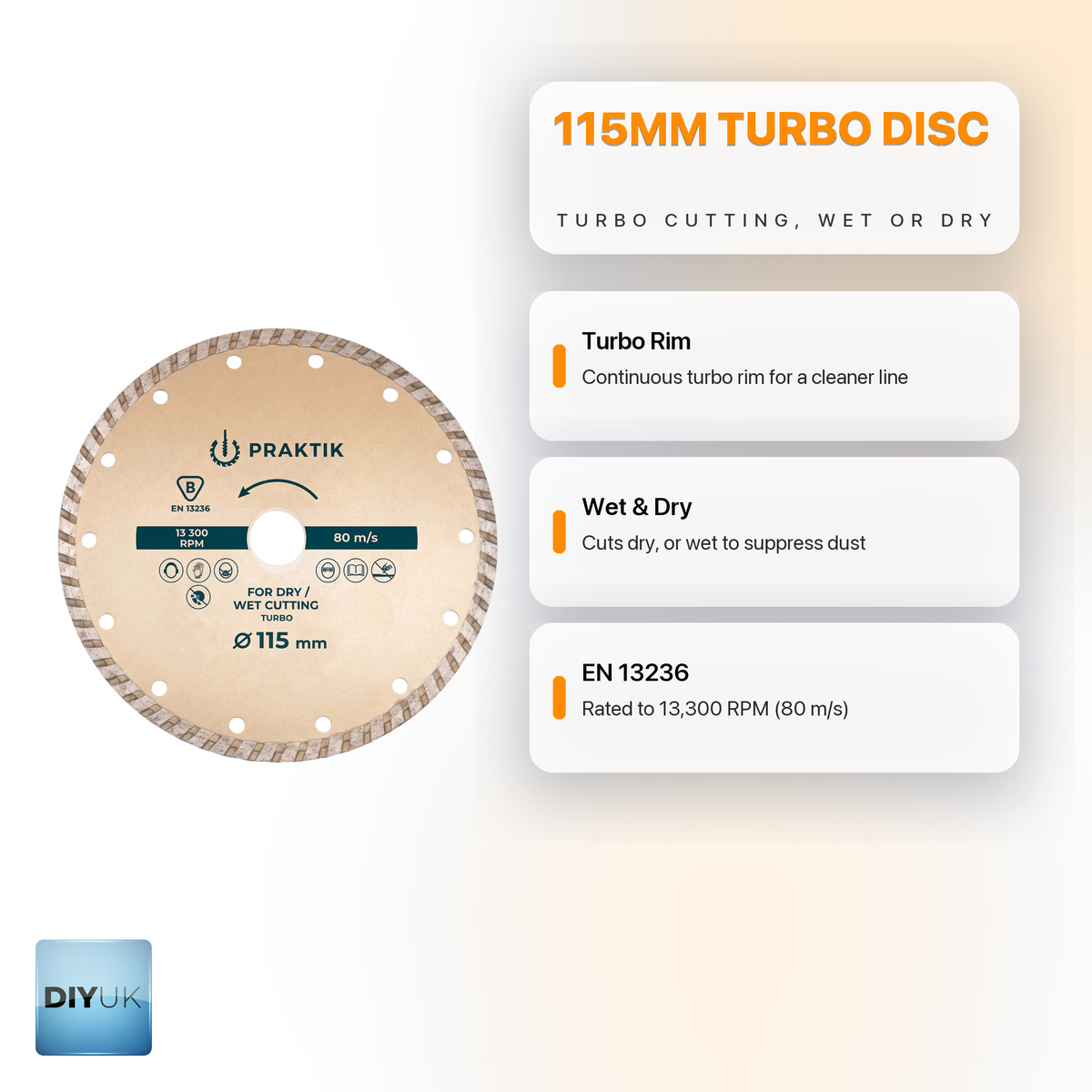 115mm Turbo Diamond Cutting Disc (4.5") - Heavy Duty 2.2mm Thick Blade - DIYUK infographic, key features