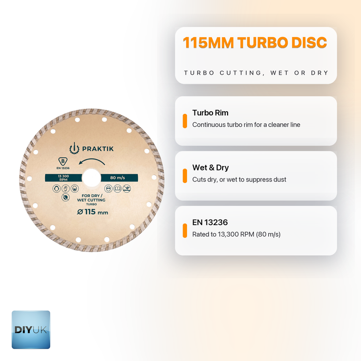 115mm Turbo Diamond Cutting Disc (4.5") - Heavy Duty 2.2mm Thick Blade - DIYUK infographic, key features