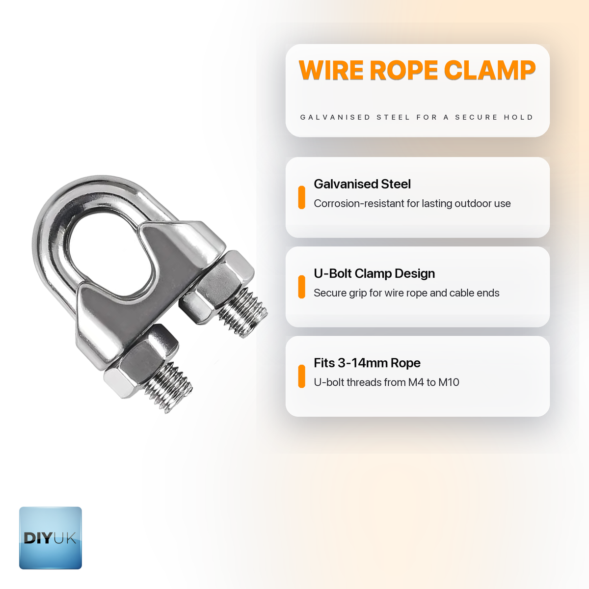 Heavy-Duty Galvanised Wire Rope Clamps (DIN 741 U-Bolt Cable Clips) - DIYUK infographic, key features