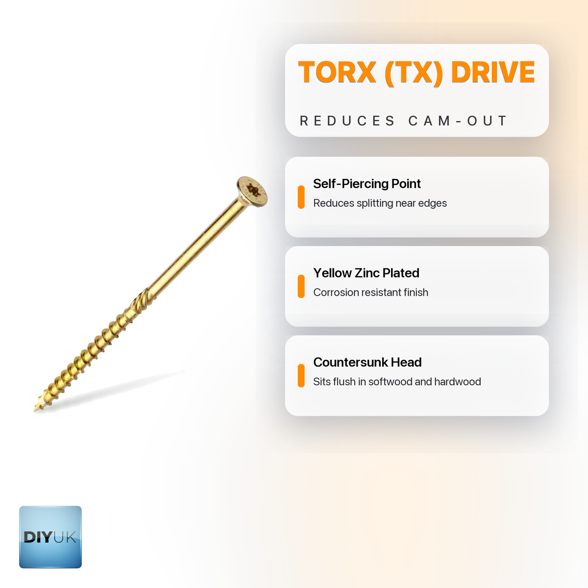 DIYUK Yellow Torx Countersunk Wood Screws, Zinc-Plated Steel, infographic: Torx drive, self-piercing point, yellow zinc plated finish, countersunk head sits flush