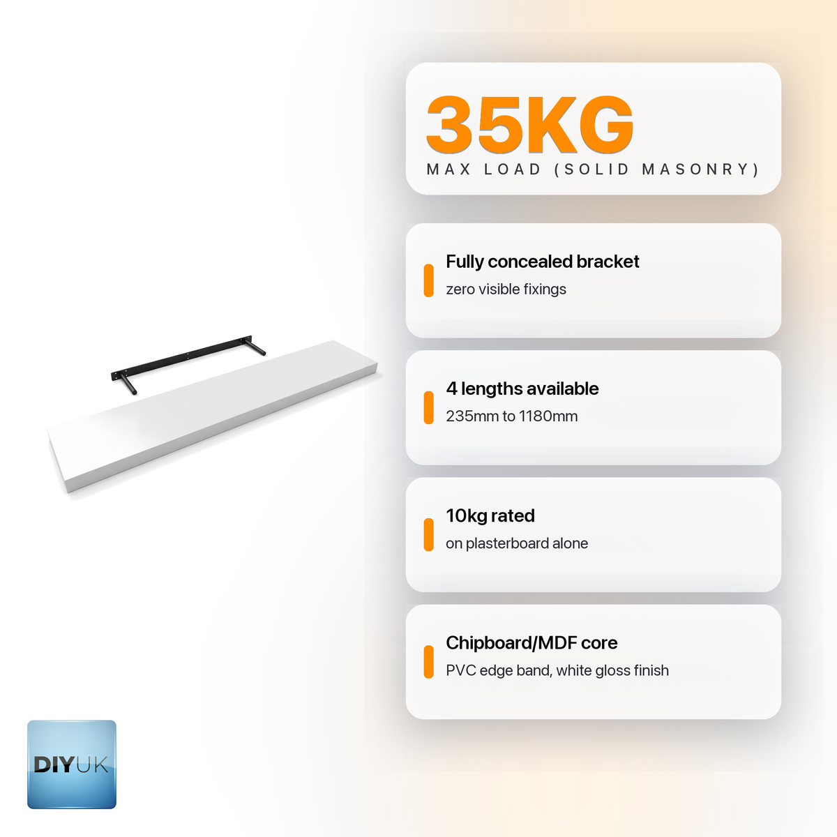 Floating wall shelf white gloss - DIYUK infographic, key features