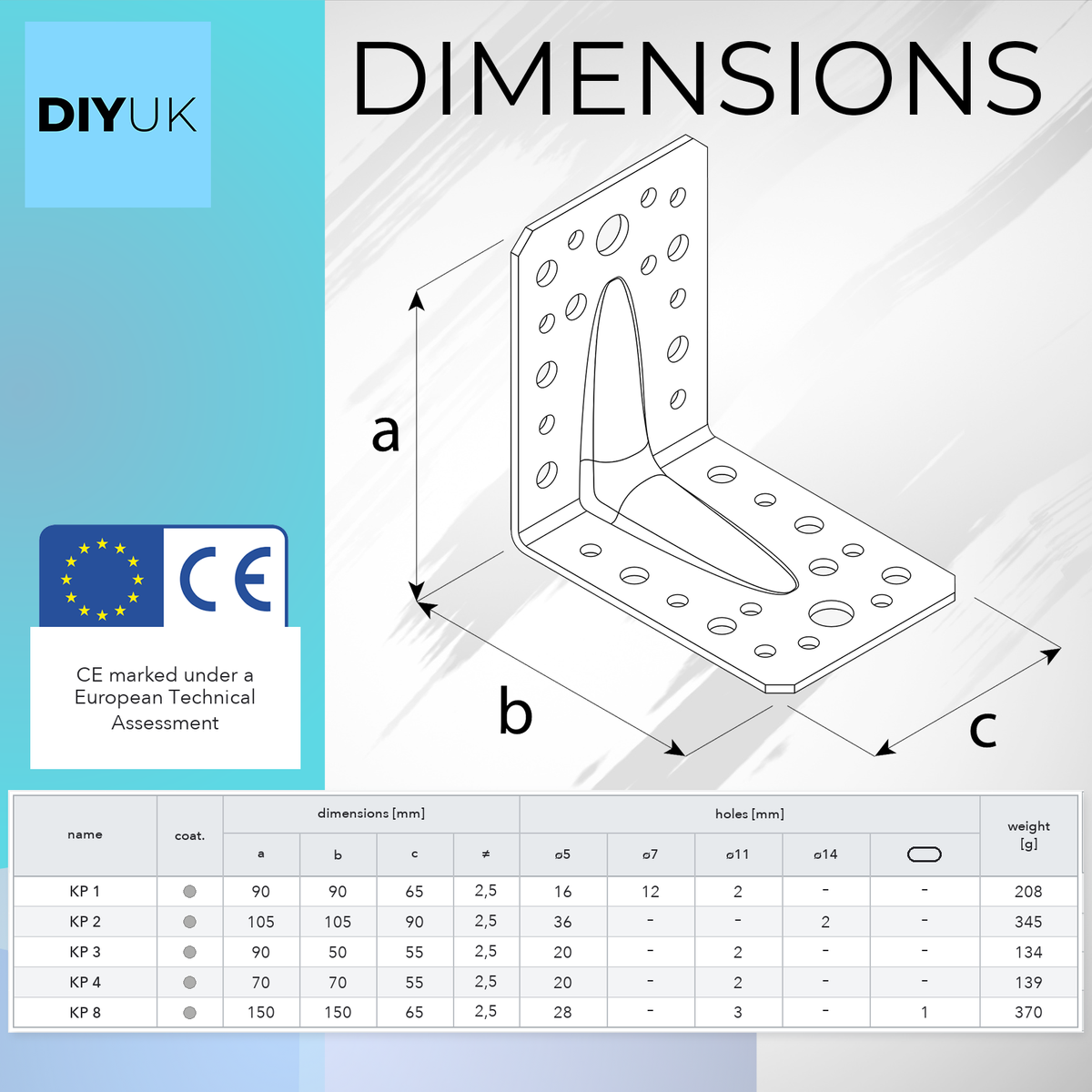 Angle bracket KP dimensions diagram showing length, width and thickness measurements