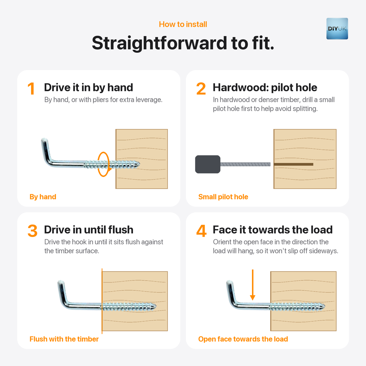 DIYUK Metal L-Hook Screws, Square Cup Hooks, White Zinc-Plated Steel, how to install: drive it in by hand, pilot hole in hardwood, drive in until flush, open face towards the load