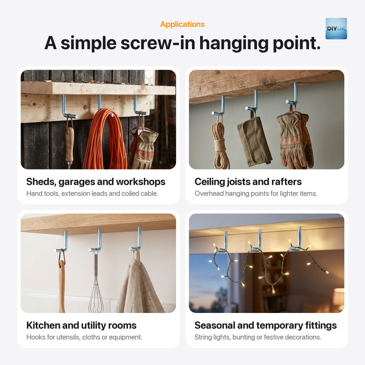 DIYUK Metal L-Hook Screws, Square Cup Hooks, White Zinc-Plated Steel, applications: sheds, garages and workshops, ceiling joists and rafters, kitchen and utility rooms, seasonal and temporary fittings