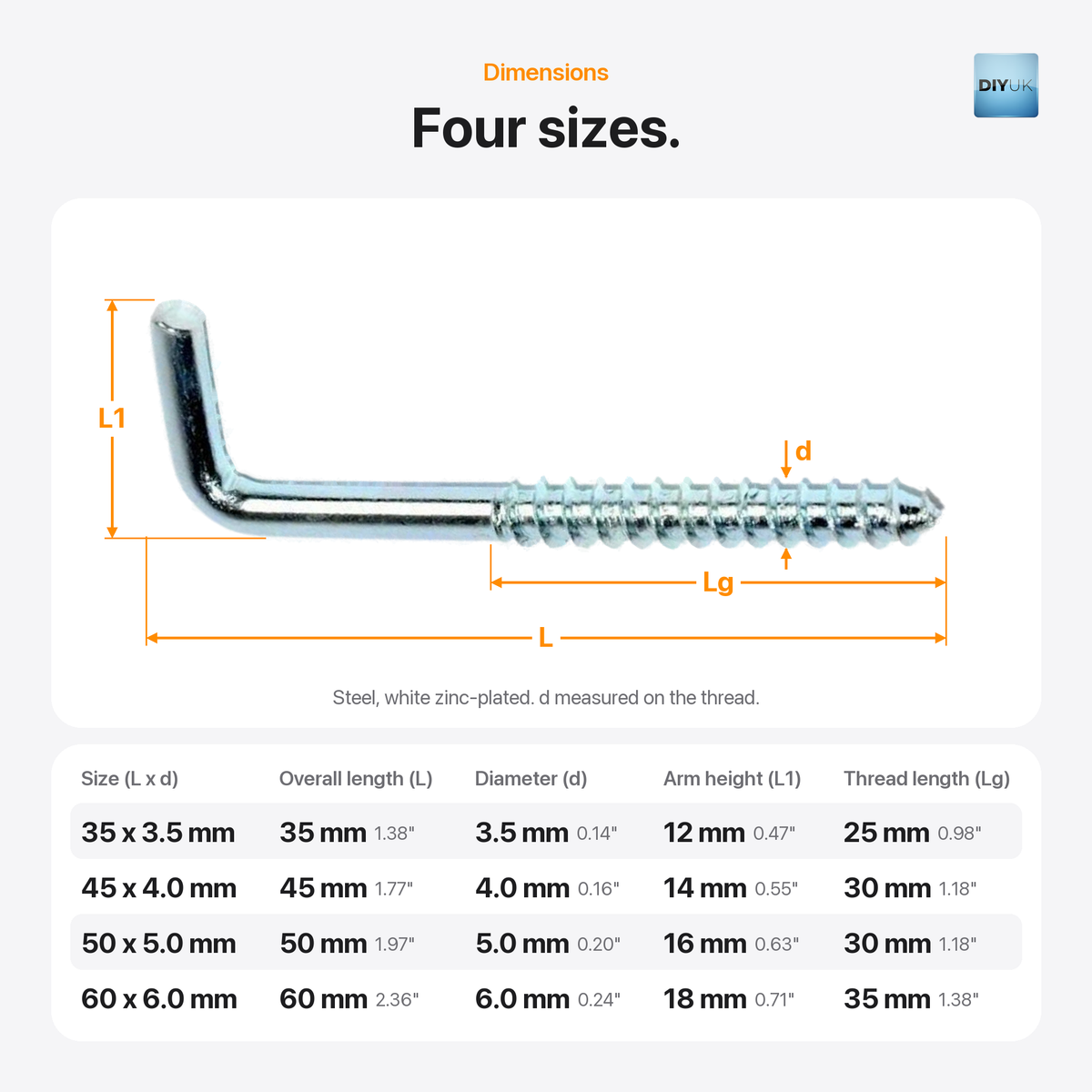 DIYUK Metal L-Hook Screws, Square Cup Hooks, White Zinc-Plated Steel, dimensions: overall length, diameter, arm height and thread length for all four sizes