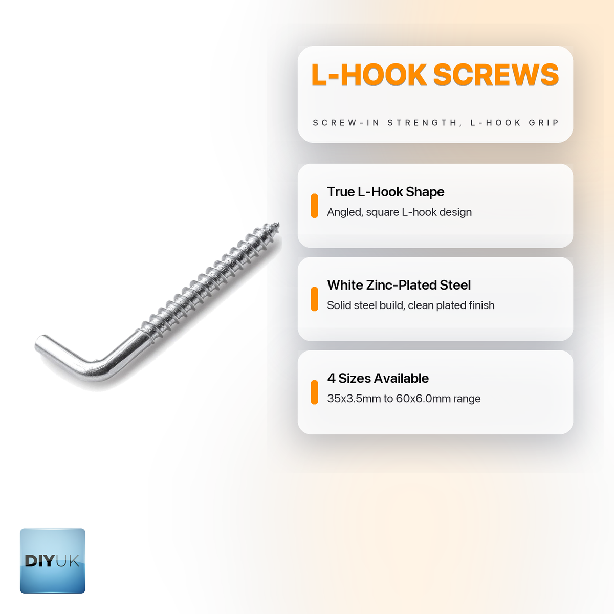 DIYUK Metal L-Hook Screws, Square Cup Hooks, White Zinc-Plated Steel: true L-hook shape, white zinc-plated solid steel, four sizes from 35 x 3.5mm to 60 x 6.0mm