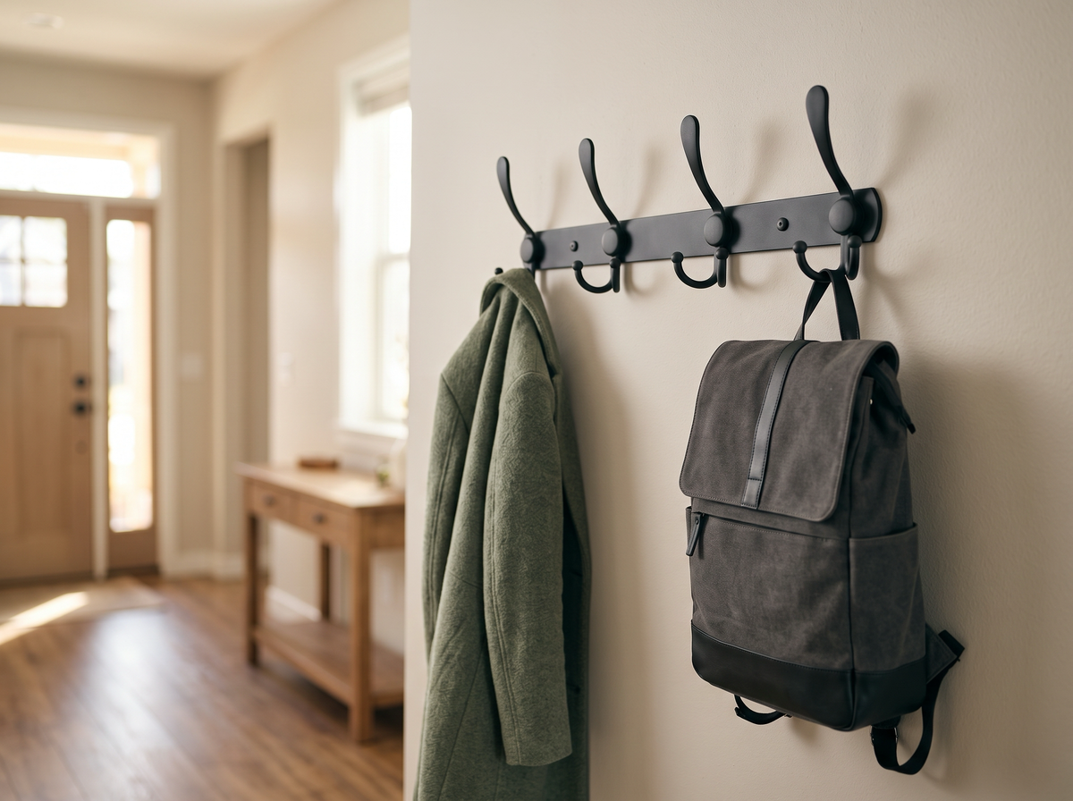 4-hook black wall coat rack styled in a hallway setting