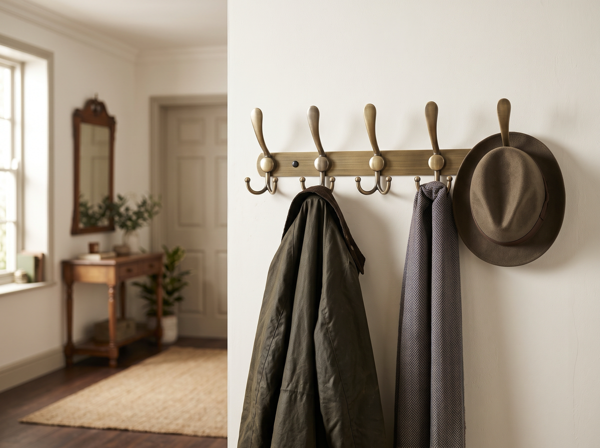 5-hook antique gold wall coat rack styled in a hallway setting