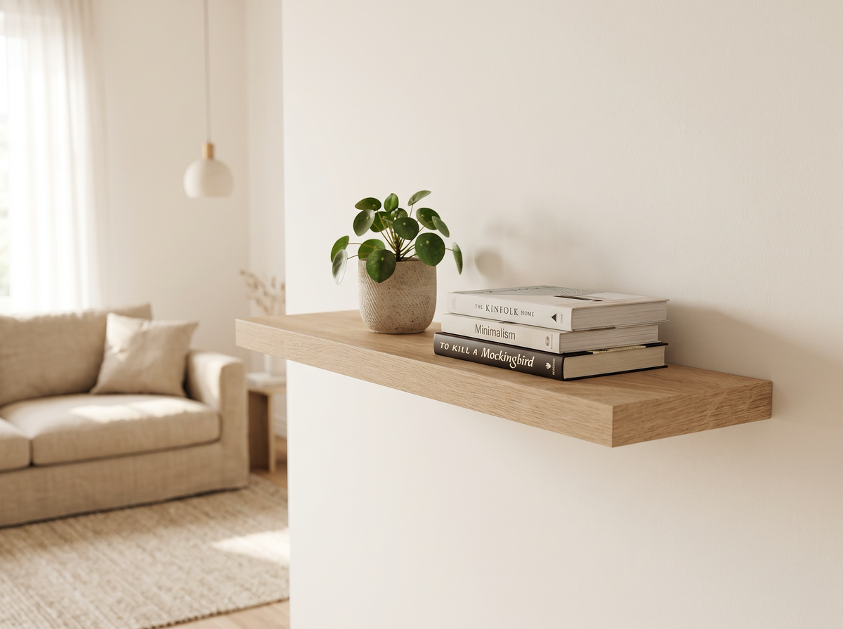 Sonoma oak floating shelf styled in a room setting