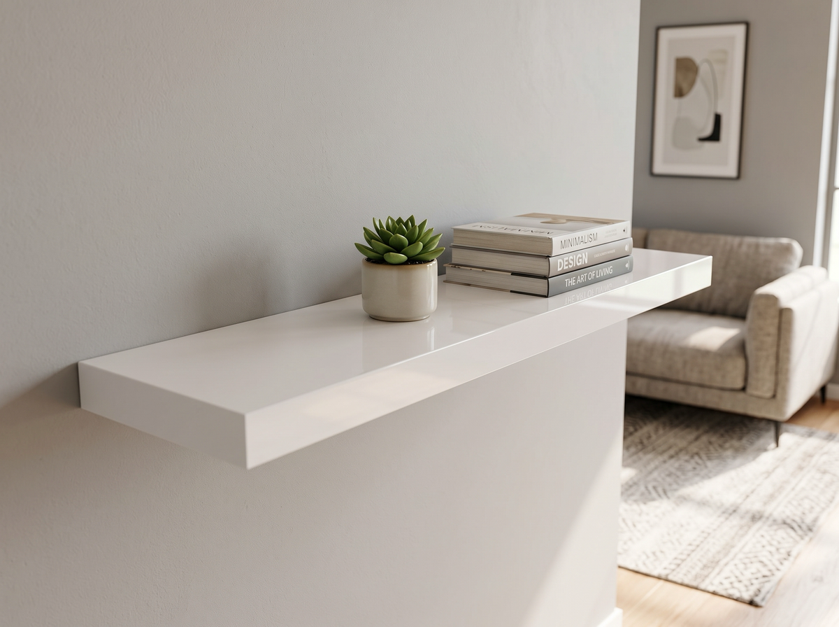 White gloss floating shelf styled in a room setting