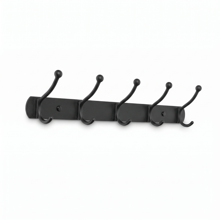 5-hook black wall coat rack, main product photo