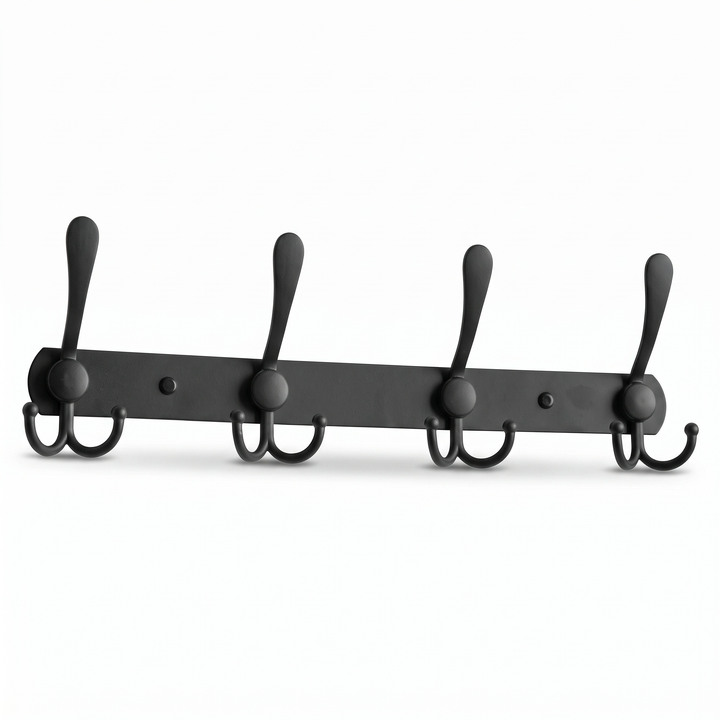 4-hook black wall coat rack, main product photo