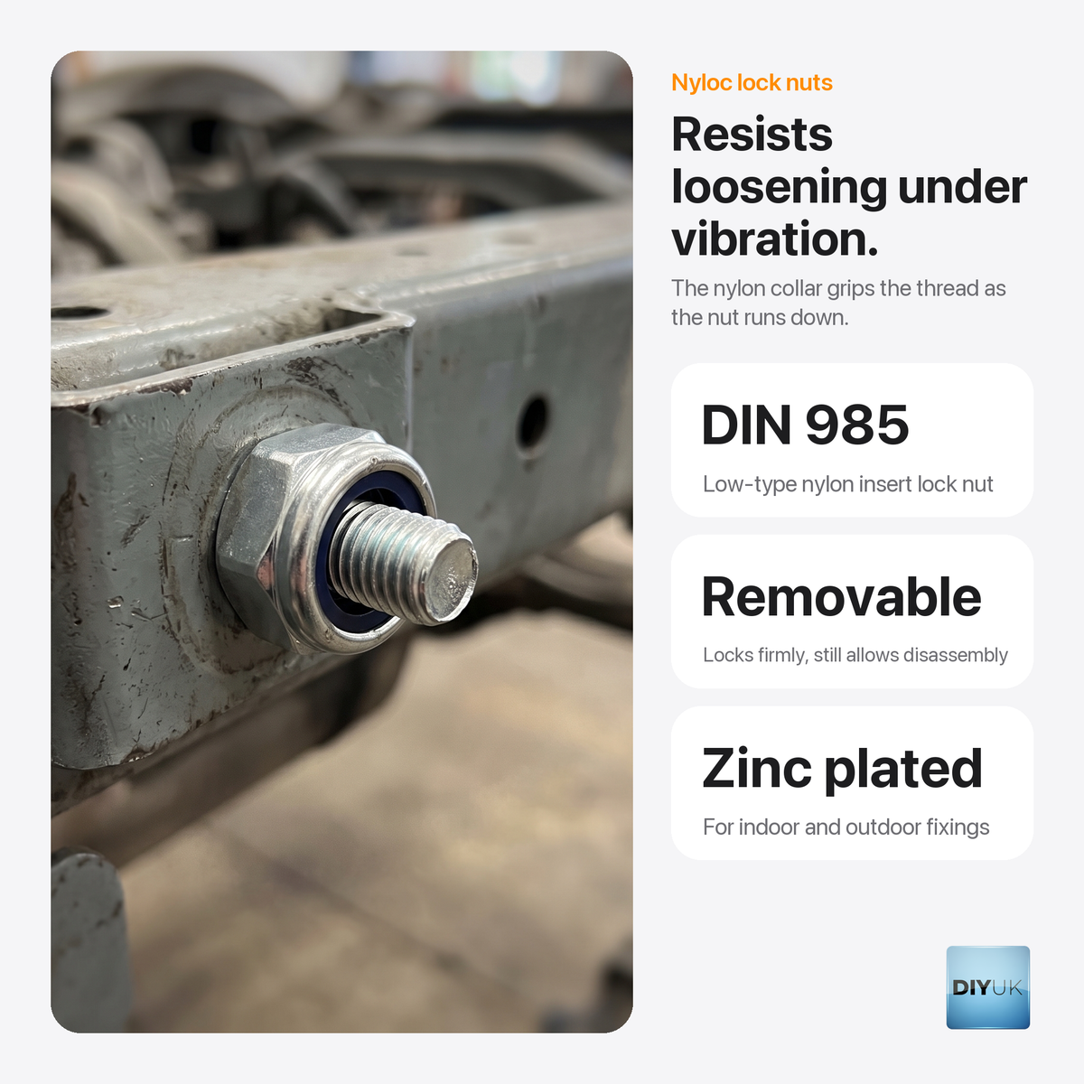 Nyloc Lock Nuts DIN 985 Zinc Plated Steel (M3-M24), key features