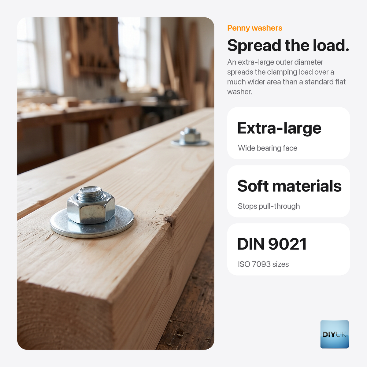 DIYUK Penny Washers, DIN 9021 Zinc-Plated Steel, key benefits: spreads the load, extra-large bearing face, stops pull-through in soft materials, DIN 9021 / ISO 7093 sizes