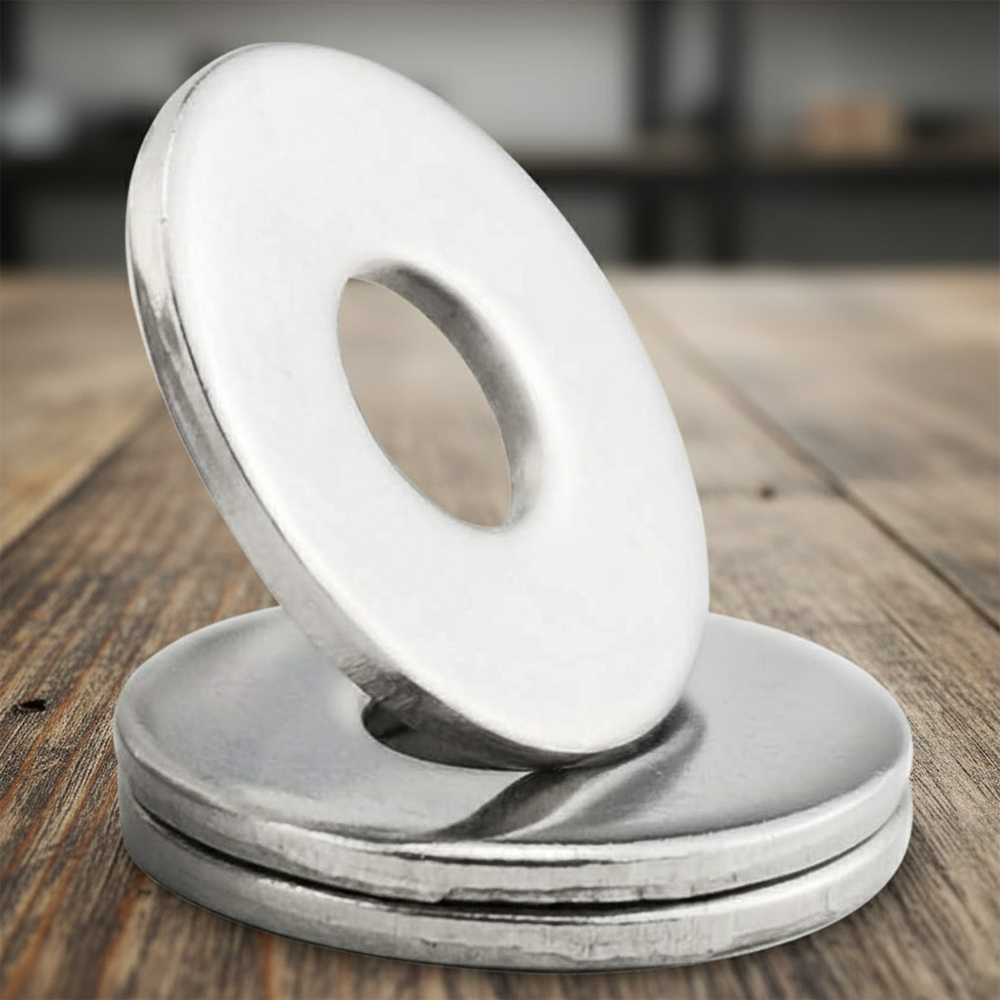 Large zinc-plated steel penny washer leaning on two others on a wooden surface