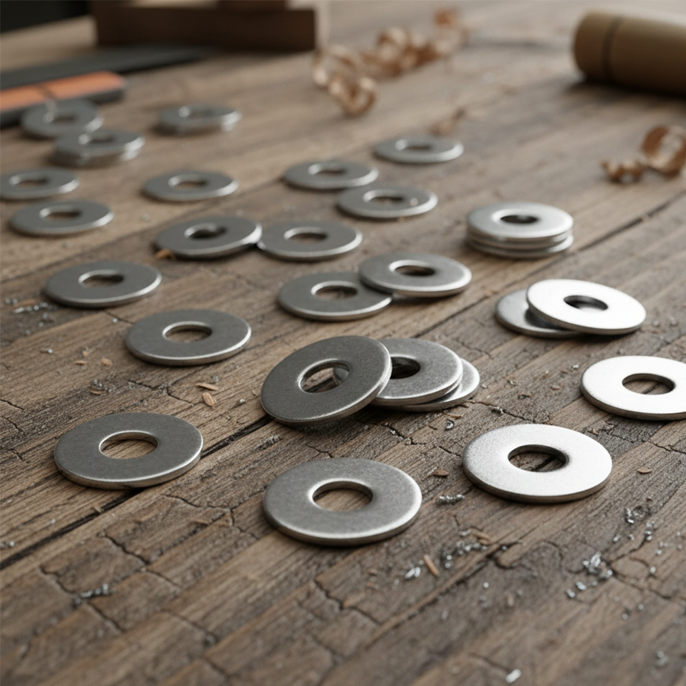 Zinc-plated steel penny washers scattered on a wooden workbench