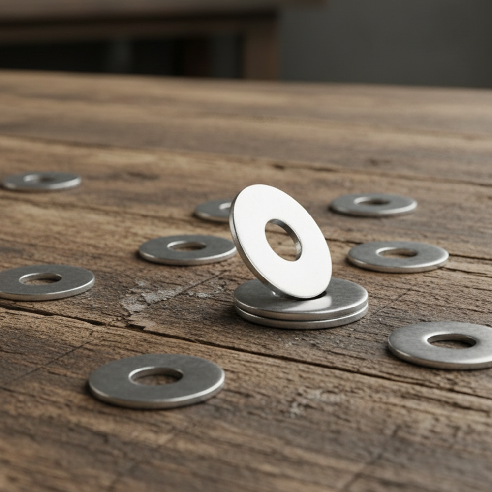 Zinc-plated steel penny washers on a rustic wooden surface, one resting on a small stack