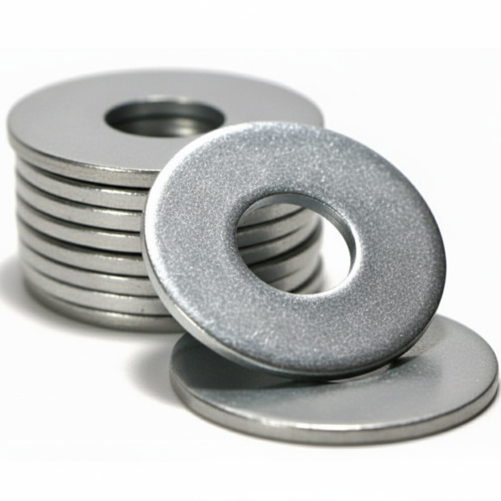 Stack of zinc-plated steel penny washers with one large washer resting against it, on a white background