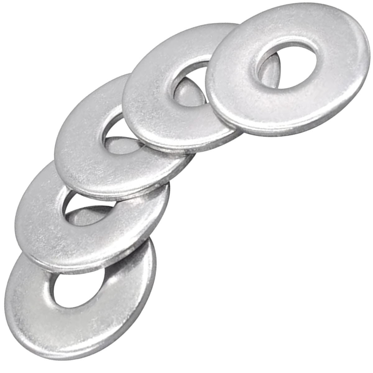 Row of overlapping zinc-plated steel penny washers on a white background