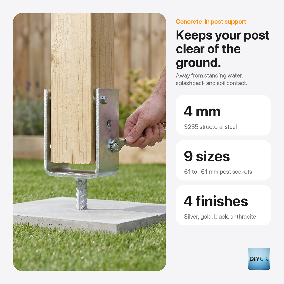 Heavy Duty U-Shape Post Support Base Bracket – Concrete-In Anchor, key features, silver