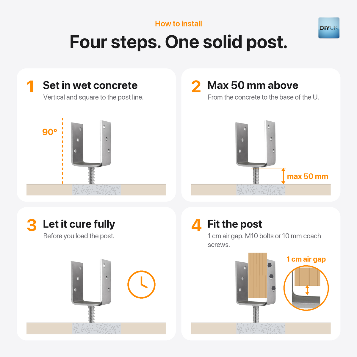 Heavy Duty U-Shape Post Support Base Bracket – Concrete-In Anchor, installation guide, silver