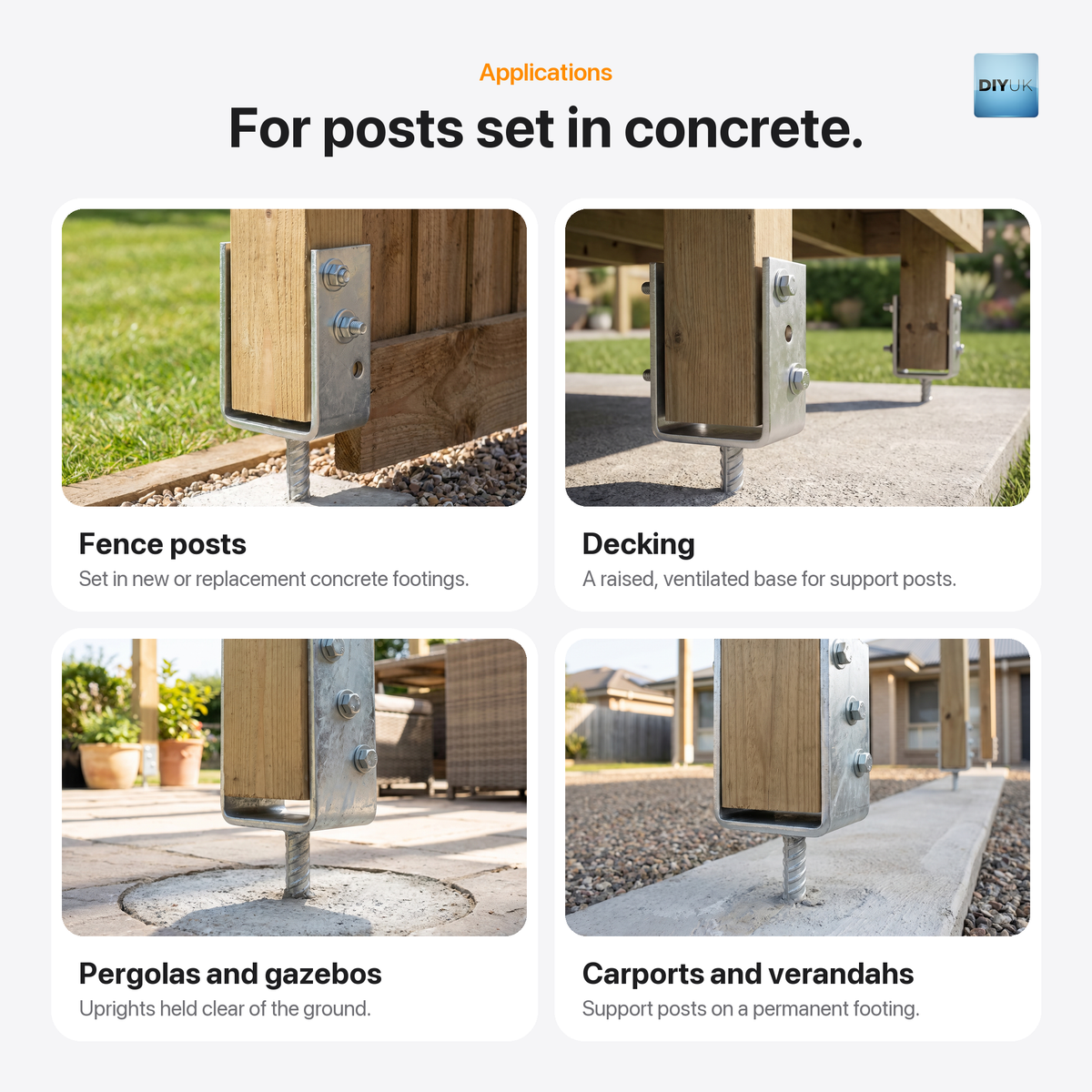 Heavy Duty U-Shape Post Support Base Bracket – Concrete-In Anchor, applications, silver