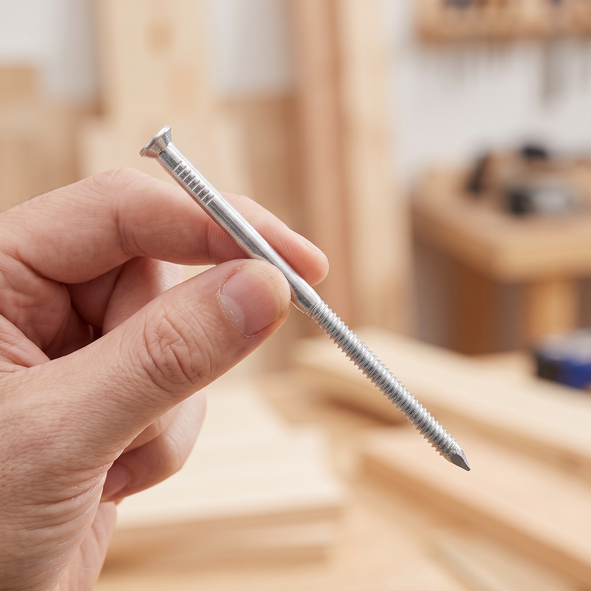 Galvanised Annular Ring Shank Nails - BZP Timber & Decking Nails, shown in hand for scale