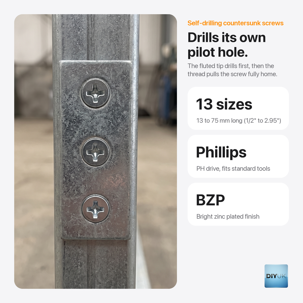 Self-Drilling Countersunk Screws Zinc Plated for Wood, Metal & PVC, key features