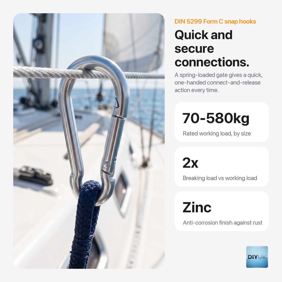 Heavy Duty Galvanised Zinc-Plated Steel Carabiner Snap Hook Clip (DIN 5299C), key features