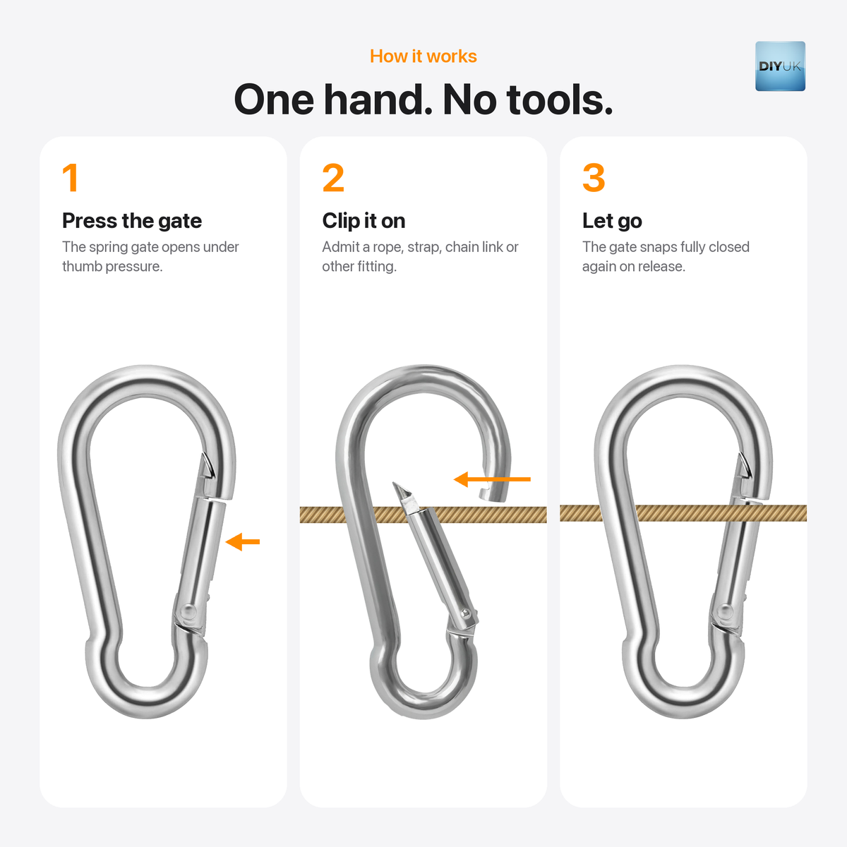 Heavy Duty Galvanised Zinc-Plated Steel Carabiner Snap Hook Clip (DIN 5299C), how it works