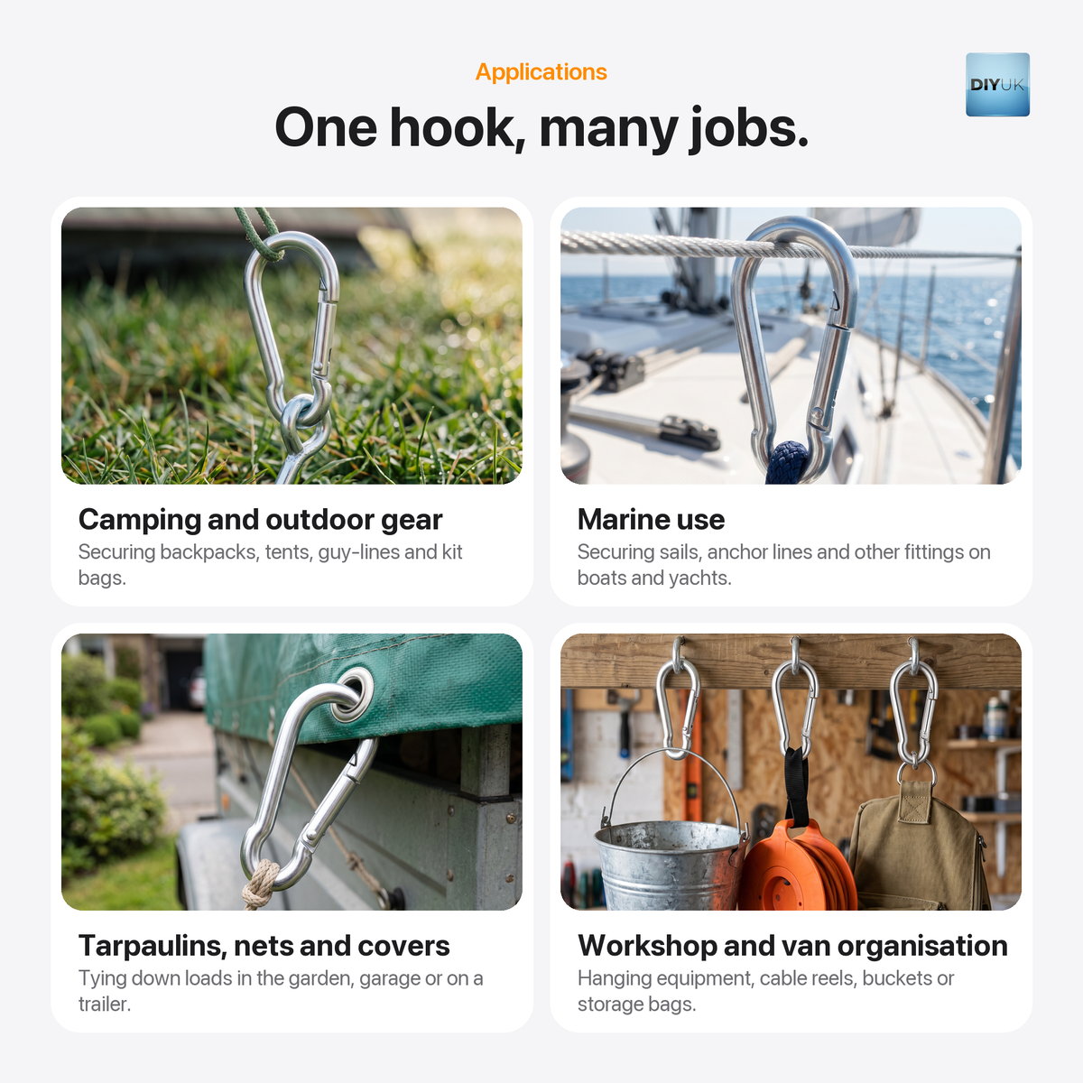 Heavy Duty Galvanised Zinc-Plated Steel Carabiner Snap Hook Clip (DIN 5299C), applications