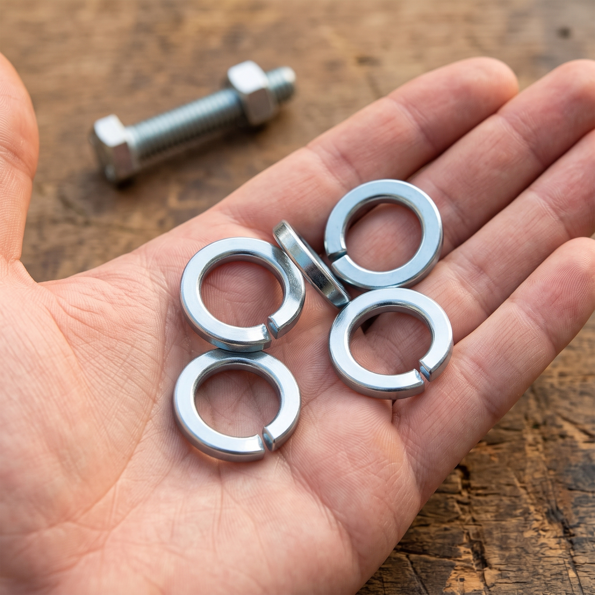 DIN 127B Split Lock Washers - Zinc Plated Spring Steel, shown in hand for scale