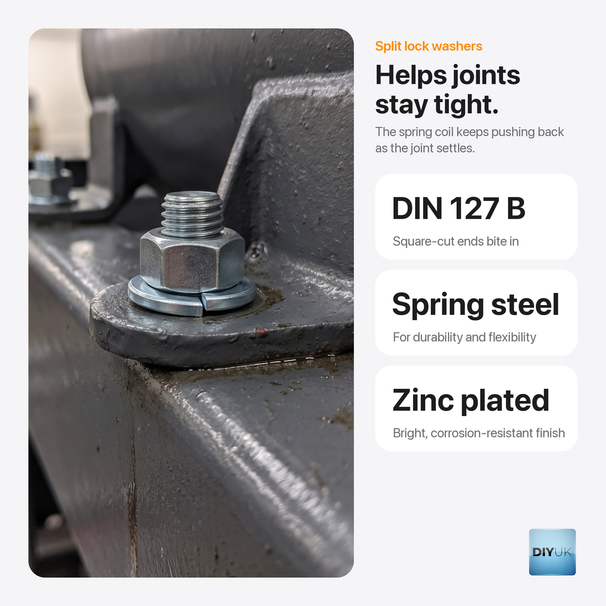 DIN 127B Split Lock Washers - Zinc Plated Spring Steel, key features