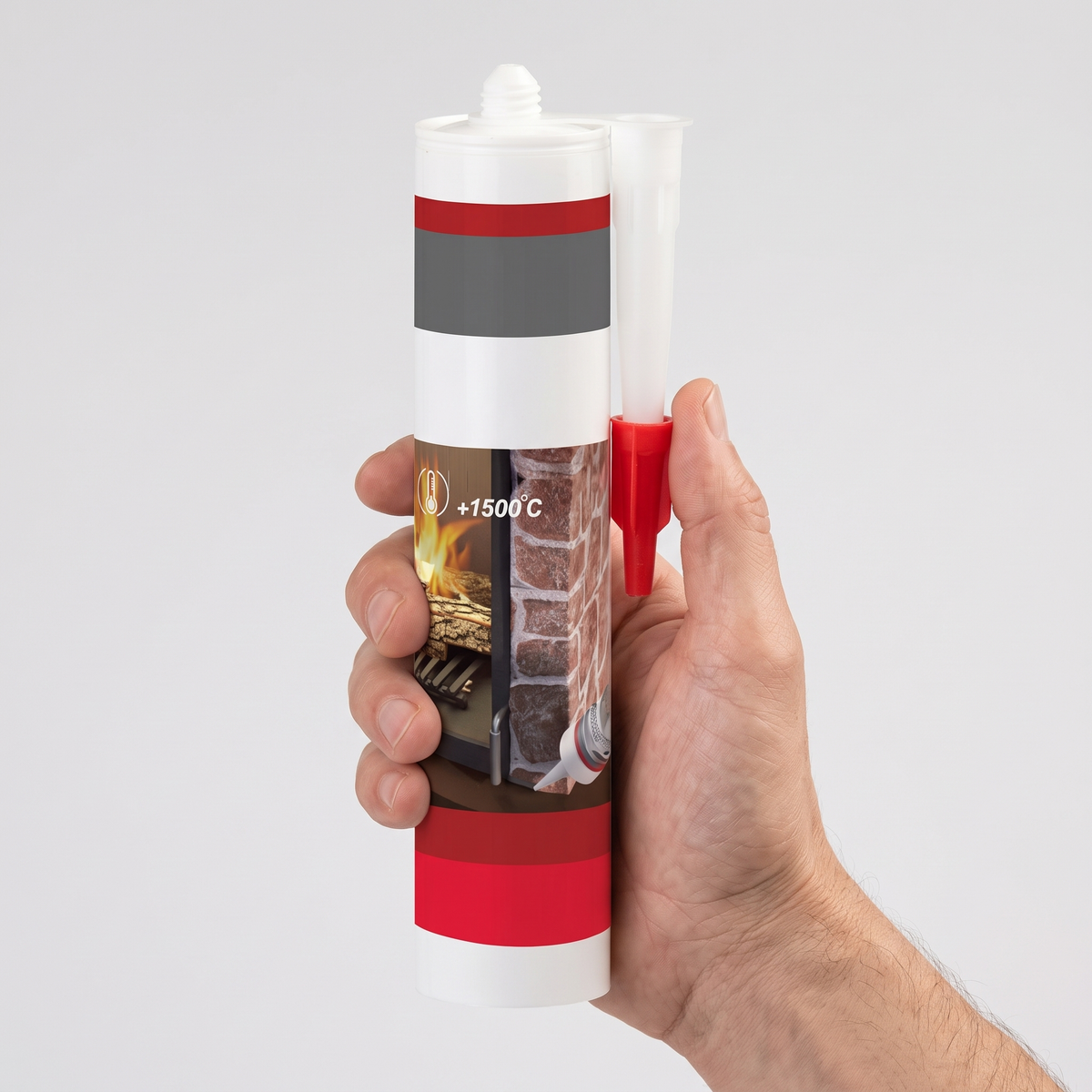 High Temperature Stove & Flue Sealant 1500°C - 310ml Black, shown in hand for scale