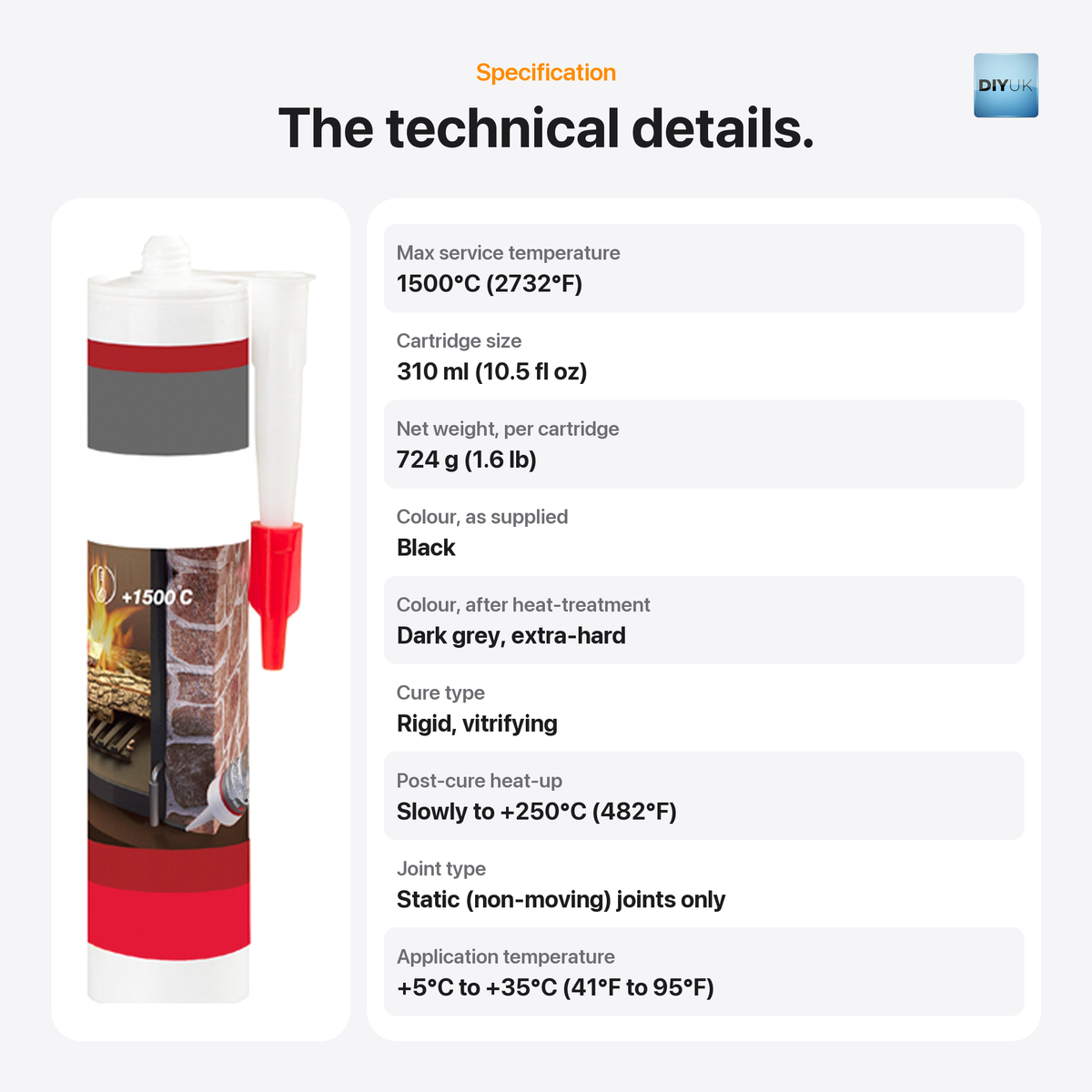 High Temperature Stove & Flue Sealant 1500°C - 310ml Black, technical specification