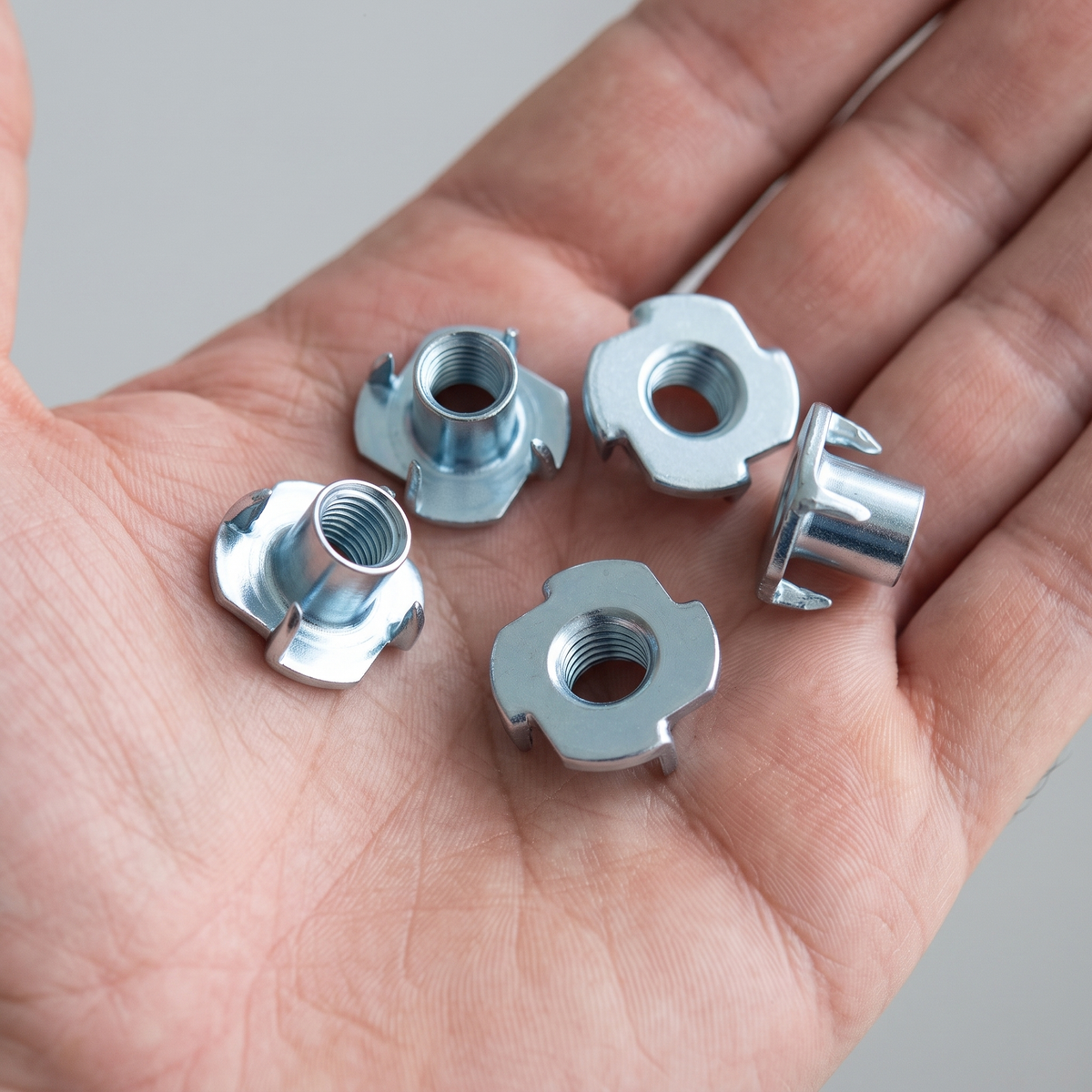 DIYUK 4-Prong T-Nuts, White Zinc Plated Tee Nuts, shown in hand for scale