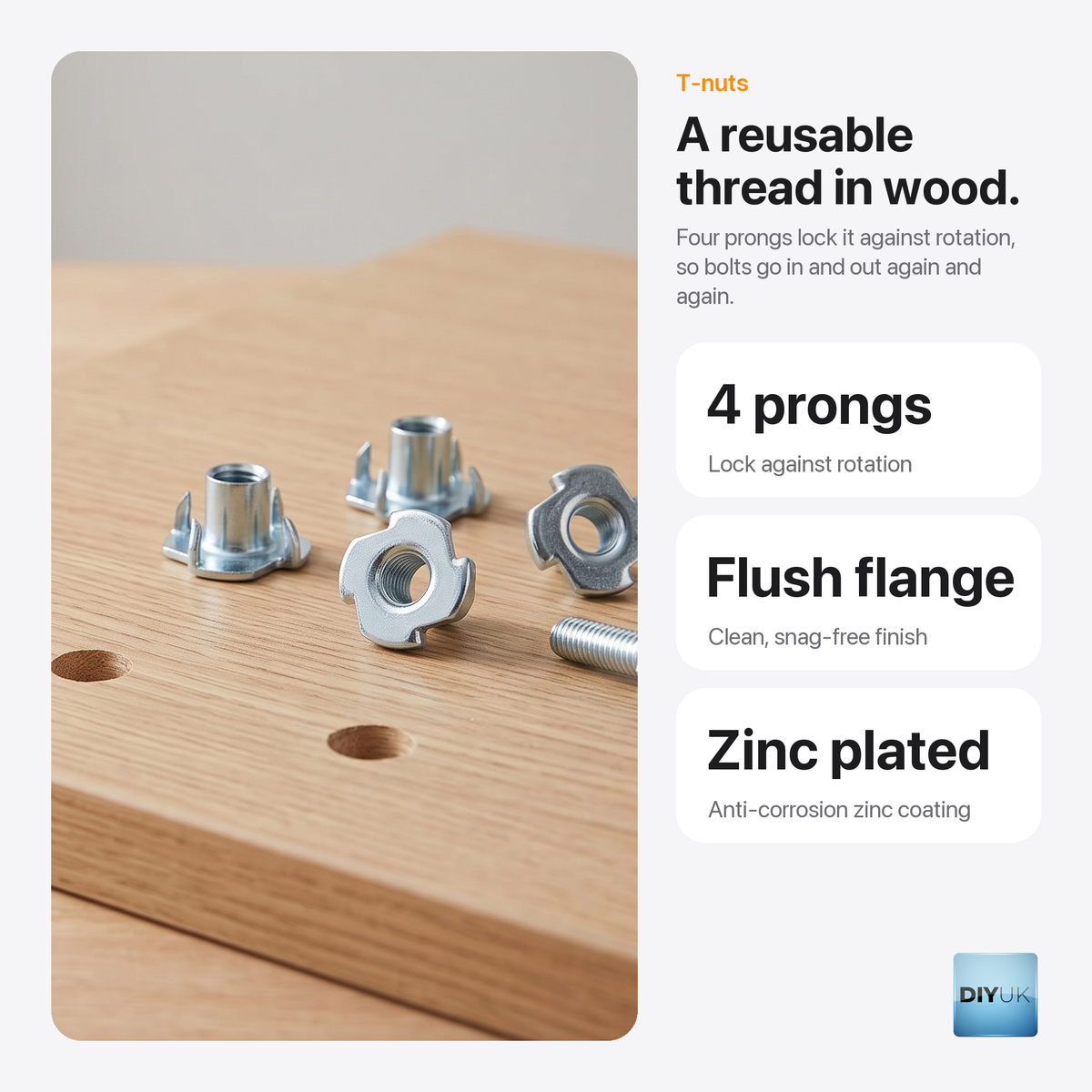 DIYUK 4-Prong T-Nuts, White Zinc Plated Tee Nuts, key benefits