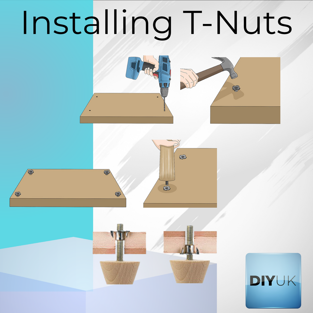 Installing T-nuts: drill a hole, tap the T-nut home and bolt on a furniture leg
