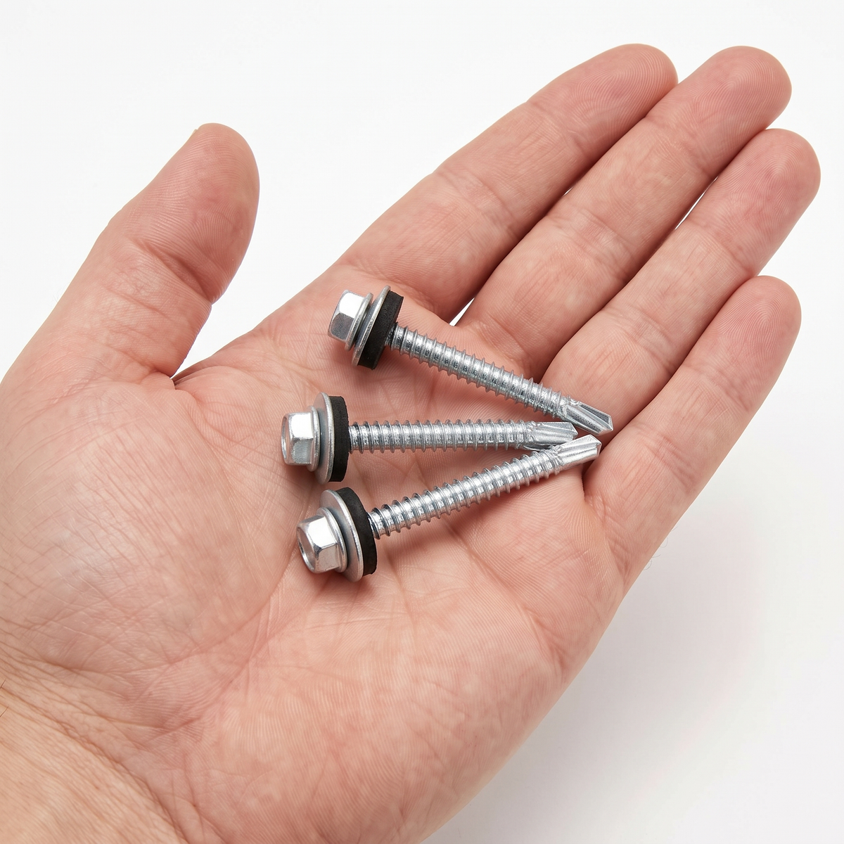 DIYUK Hex Head Self-Drilling Tek Roofing Screws, EPDM washer, zinc plated, three screws shown in hand for scale
