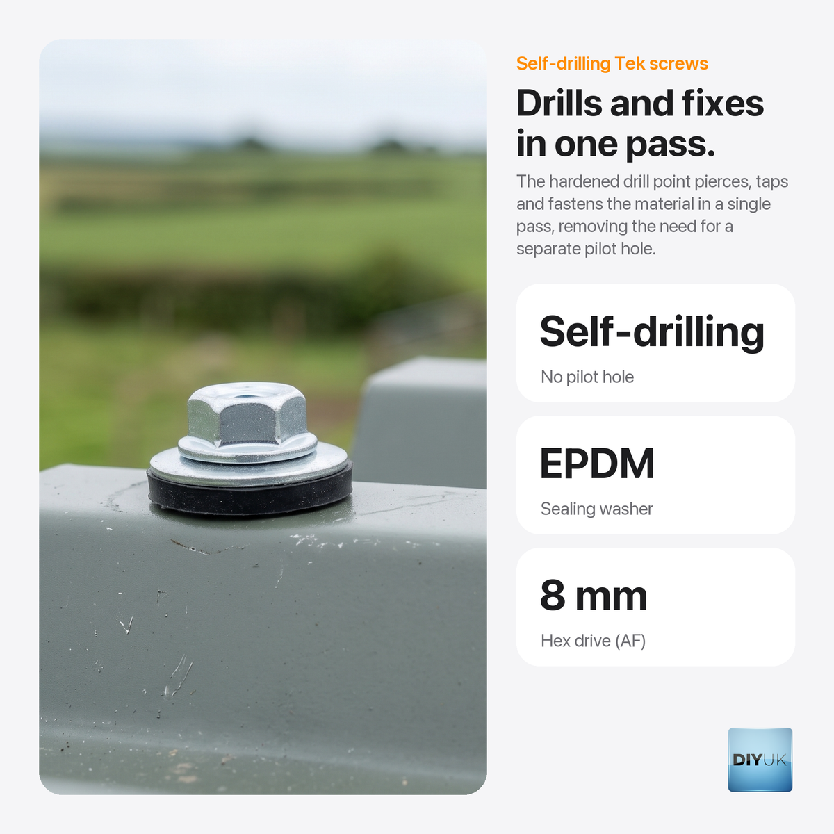 DIYUK Hex Head Self-Drilling Tek Roofing Screws, EPDM washer, zinc plated, key benefits: drills and fixes in one pass with no pilot hole, EPDM sealing washer, 8mm hex drive