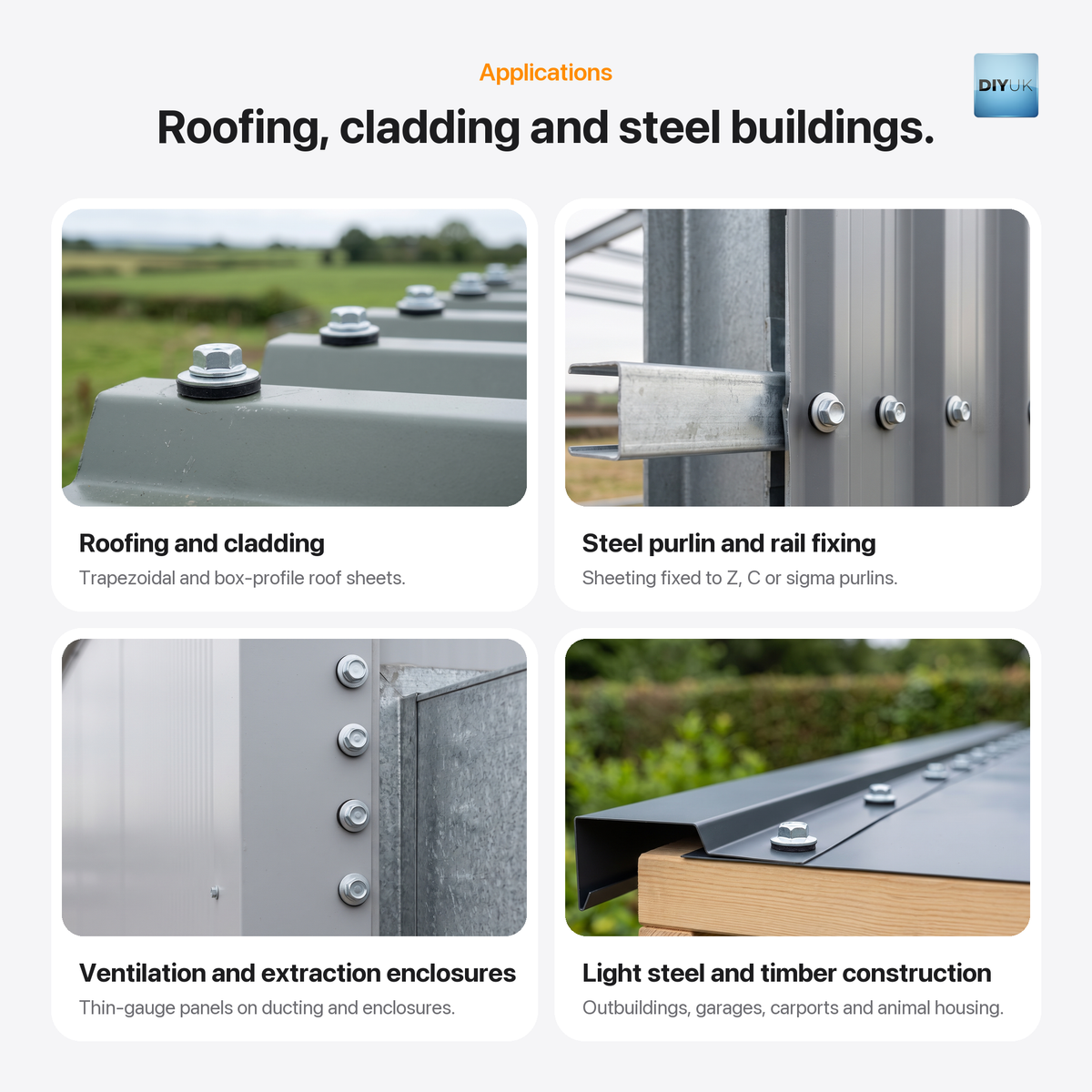DIYUK Hex Head Self-Drilling Tek Roofing Screws, EPDM washer, zinc plated, applications: roofing and cladding, steel purlin and rail fixing, ventilation and extraction enclosures, light steel and timber construction