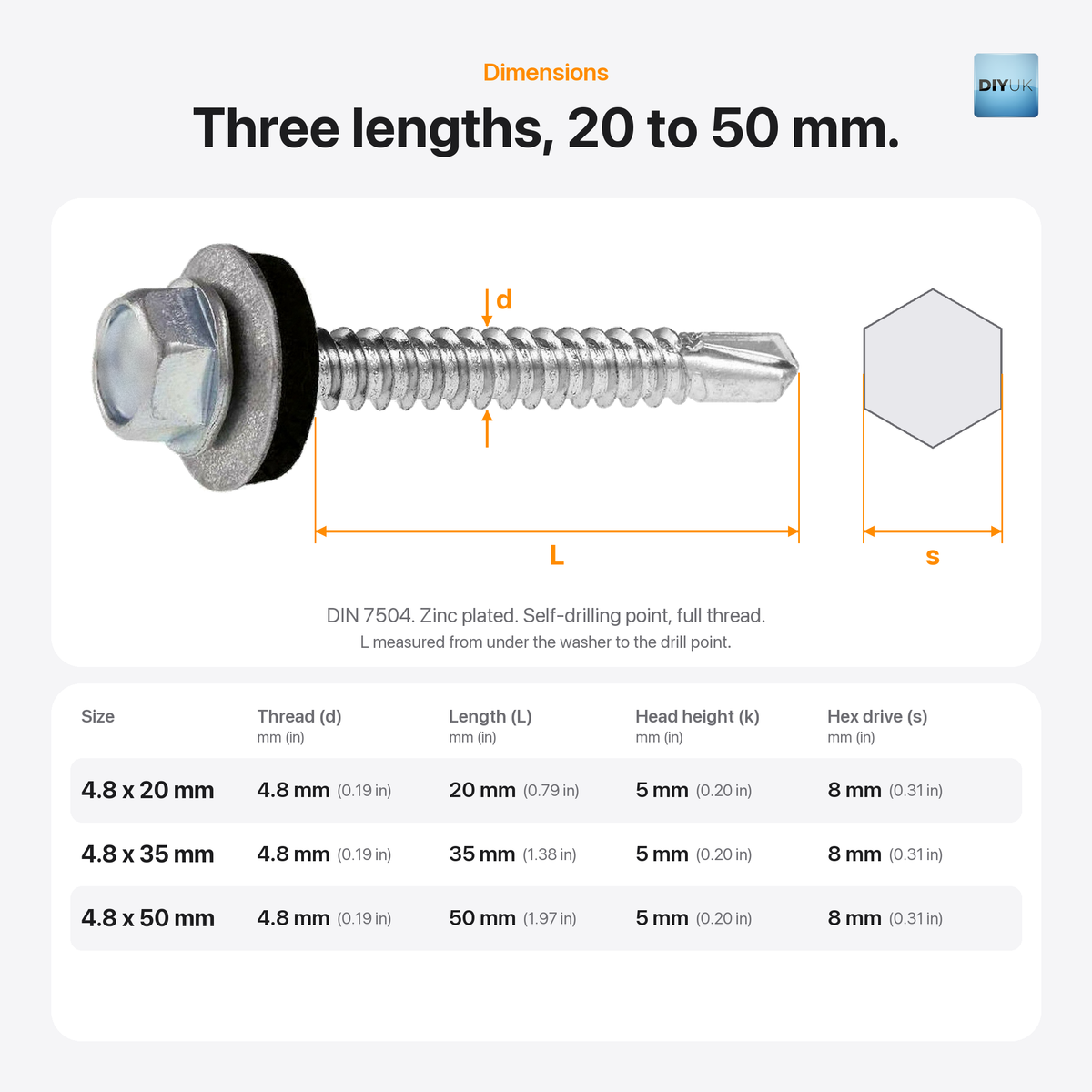 DIYUK Hex Head Self-Drilling Tek Roofing Screws, EPDM washer, zinc plated, dimensions: thread diameter, length, head height and hex drive for 4.8 x 20mm, 35mm and 50mm